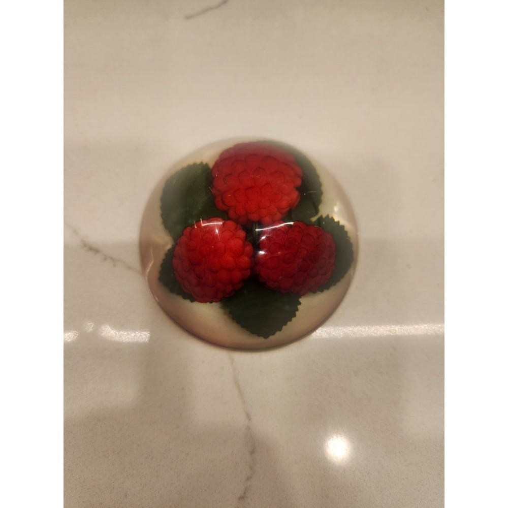 Vintage Domed Clear Acrylic Lucite And Red Raspberry Fruit Paperweight 3 Inches - Picture 2 of 7